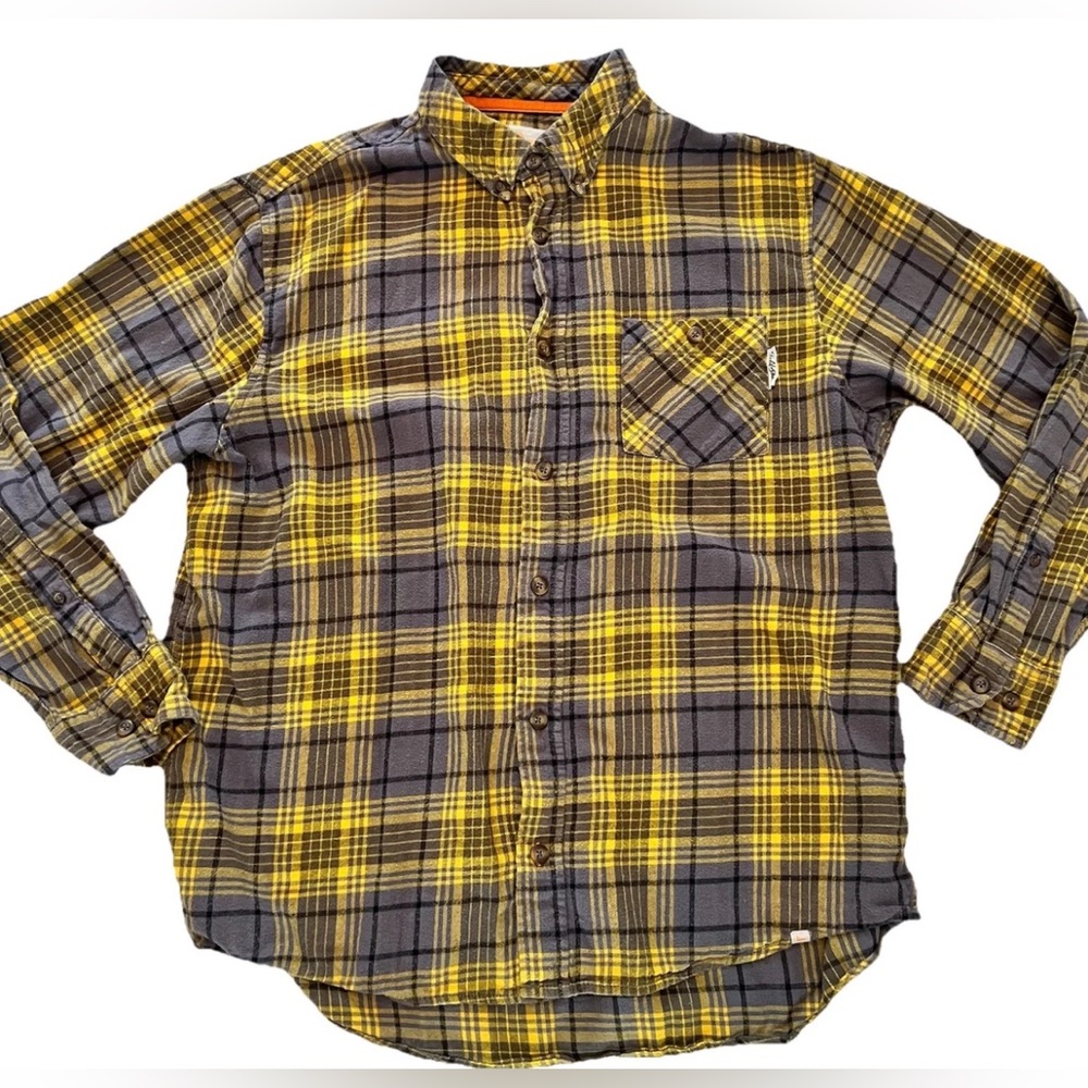 Field and Stream Mens Gray and Yellow Plaid Long Sleeve Flannel Shirt Size XL